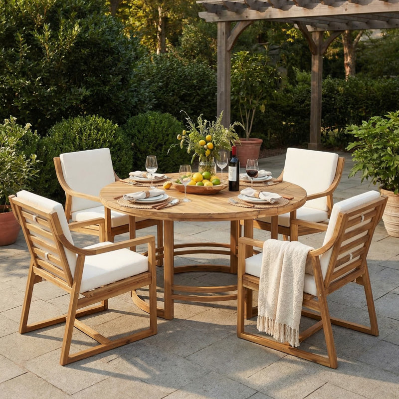 Outdoor Dining Set 5-Piece Outdoor Dining Set Patio Table And Chairs Set with Umbrella Hole for Patio, Backyard, Light Teak