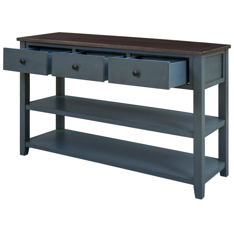 Console rétro avec deux tablettes ouvertes, structure en bois de pin massif et pieds pour le salon (bleu marine)