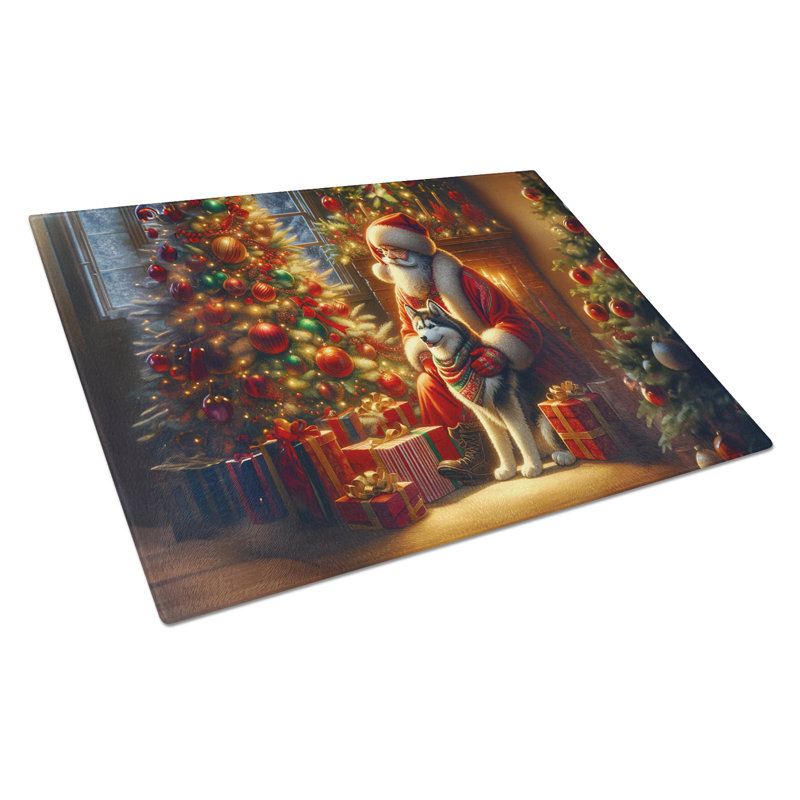 Husky sibérien et planche à découper en verre Père Noël