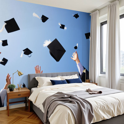 Peel and Stick Wallpaper 96" W x 69" H Modern Self Adhesive Wall Mural for Bedroom Graduation Celebration Caps Happy Graduates