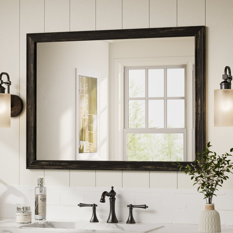 Miroir de salle de bain rectangulaire avec cadre en bois massif, verre trempé, H 40 po x l 30 po, Noir