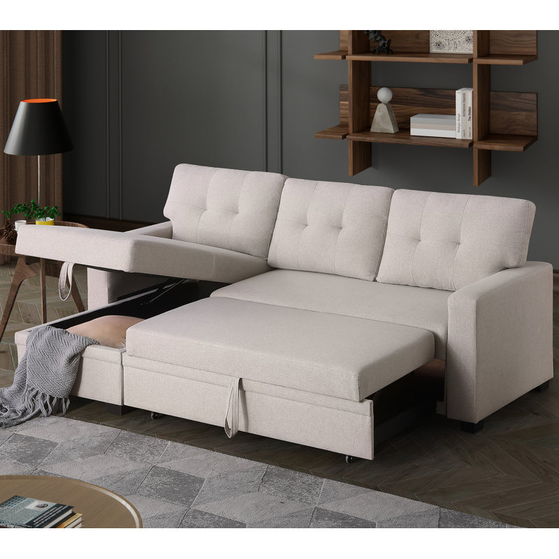 Canapé modulaire convertible rembourré avec méridienne coulissante, Lin beige, Orienté vers la gauche