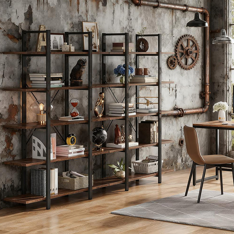 5-Tier Extra Tall Bookshelf With Adjustable Rustic Shelves For Books And Decor Display.