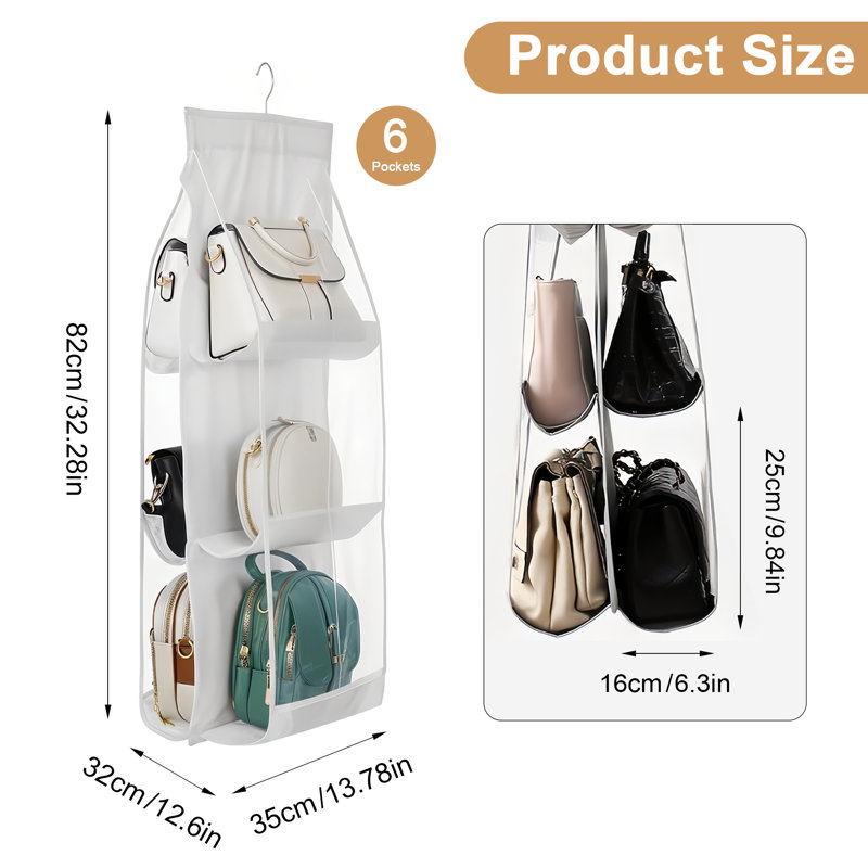 Ensemble de 2 organisateurs de sacs à main suspendus pour placard, 6 compartiments de rangement pour garde-robe peu encombrants avec crochets robustes (blanc)