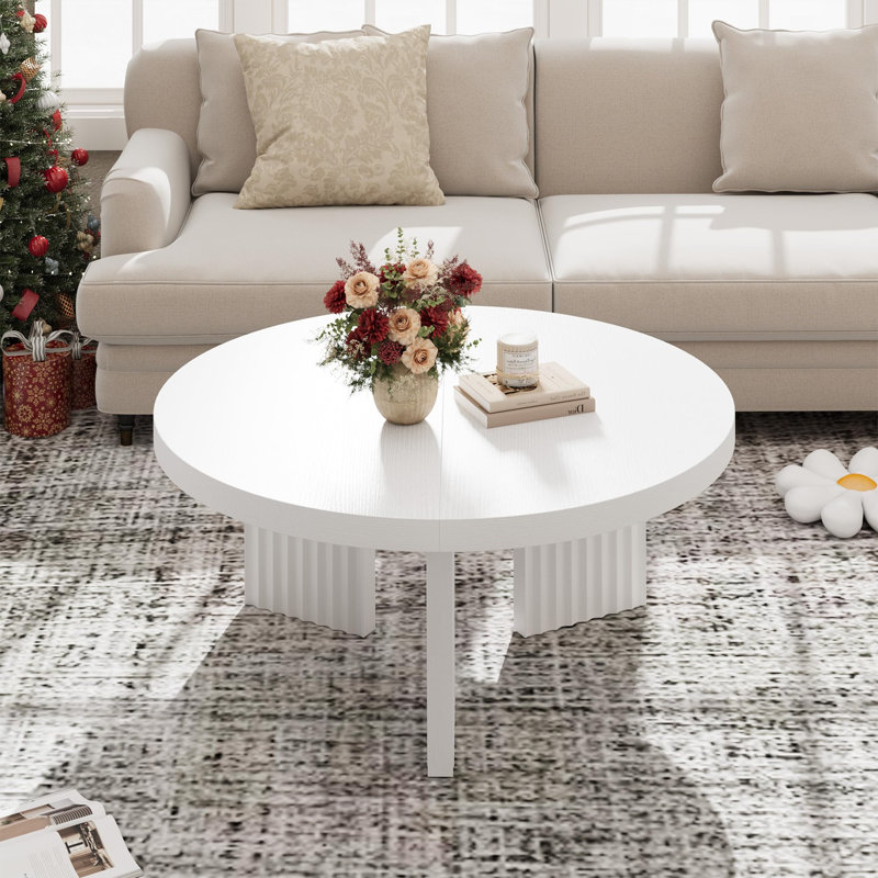 Table basse ronde de 33,5 po, table centrale circulaire avec pieds cannelés et plateau épais de 1,3 po, White