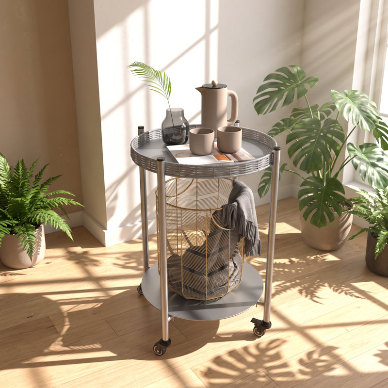 Table de bout ronde en métal thermolaqué à 2 niveaux avec roulettes verrouillables YIQiumI l 15,75 po x P 15,16 po x H 23,43 po