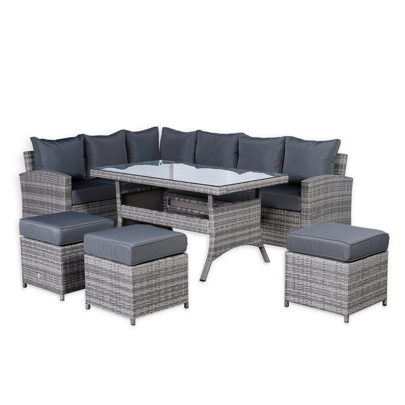 Harmony Range Left Hand Corner Sofa Set With Dinning Table In Grey Rattan