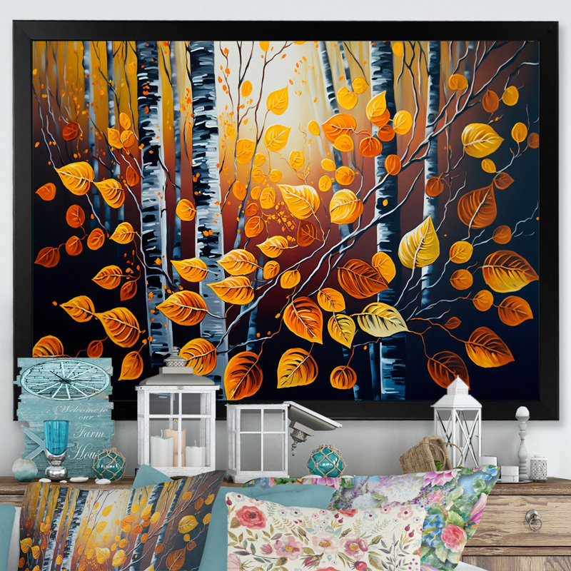 Into A Golden Birch Forest IV - Paysage, art mural sur toile, L 20 po x H 12 po, Cadre photo noir