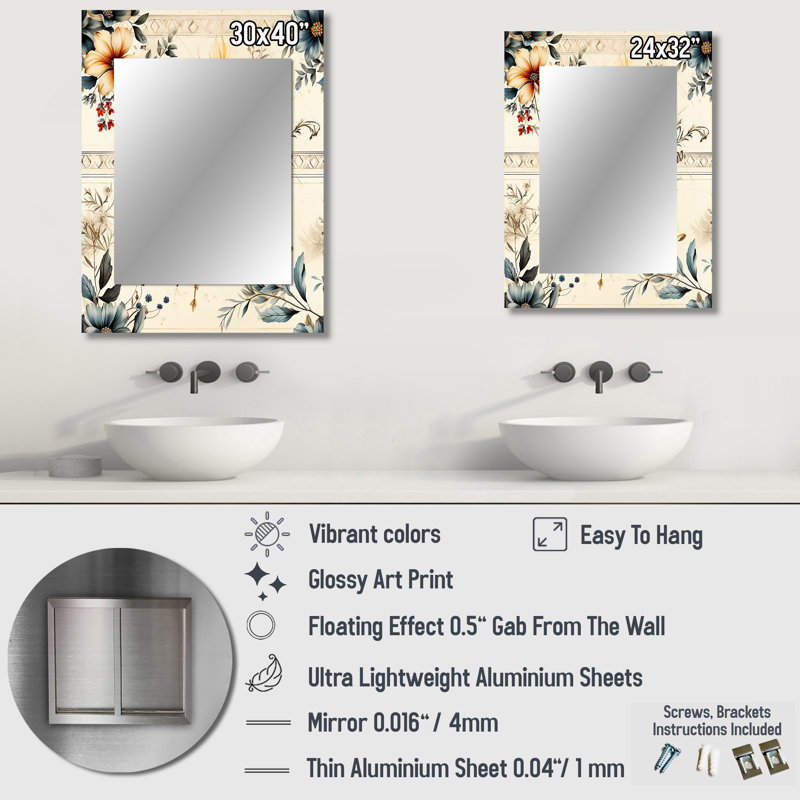 Ashyra rétro, mosaïque de fleurs neutres - miroir mural décoratif boho, grand miroir boho, impression d'art en métal