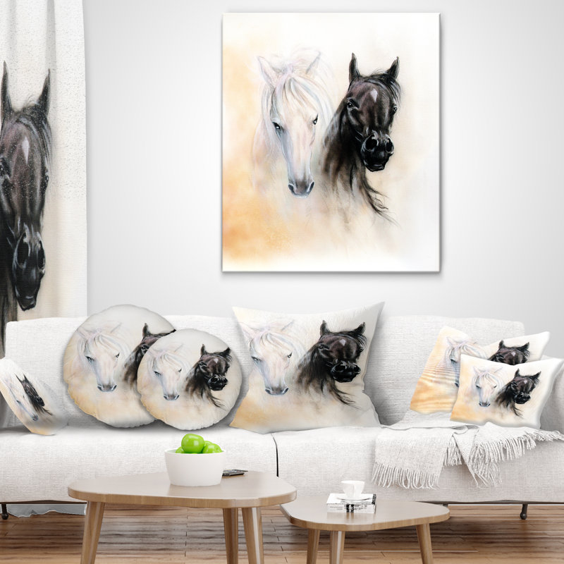 Têtes de cheval noires et blanches - Coussin décoratif à imprimé animal