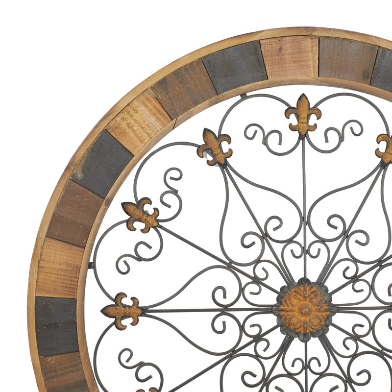 Wood Medallion Scroll Brown Wall Decor with Metal Fleur-De-Lis Detail