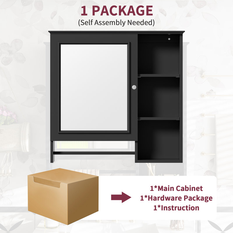 Armoire à pharmacie de rangement murale avec grande porte miroir et tablettes réglables | Idée de cadeau, Noir
