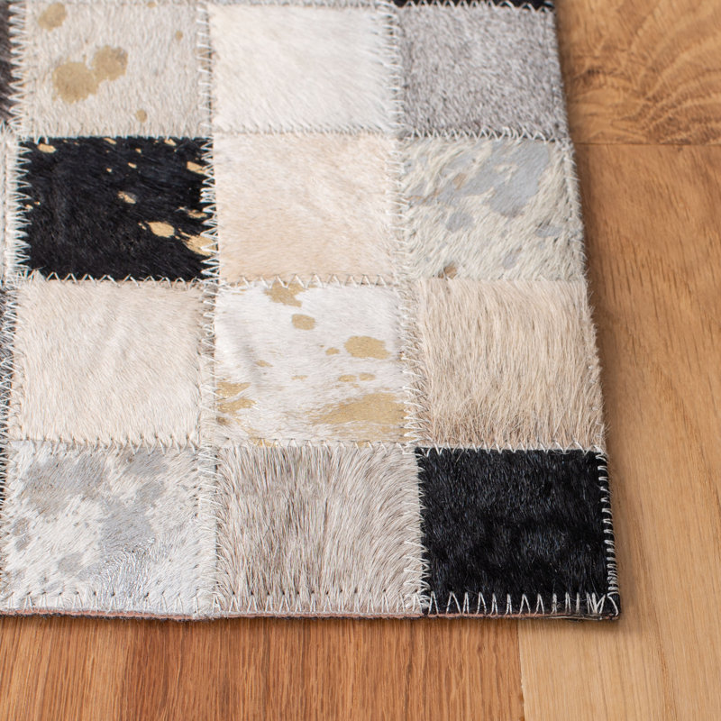 Herren Hand Woven Leather/Felted Cloth Geometric Rug in Ivory/Black, Runner 2'3" x 7'