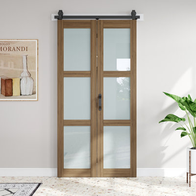 Porte de grange pliante en verre 3 épaisseurs et en bois d'épinette massif 3 pièces avec quincaillerie - Assemblage facile requis