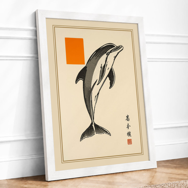 Leaping Dolphin Japandi - Framed Print, A1 - 84.1 x 59.4 cm, White