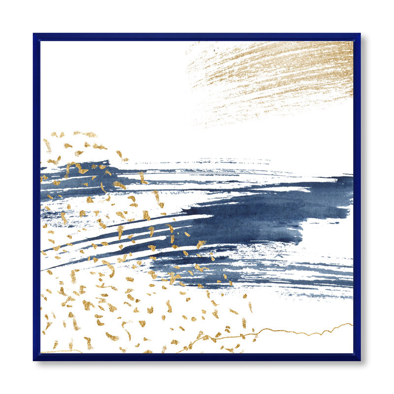 Bleu foncé et or abstrait I - cadre flottant, peinture sur toile, Toile encadrée bleu, H 36 po x l 36 po x 1,5 po
