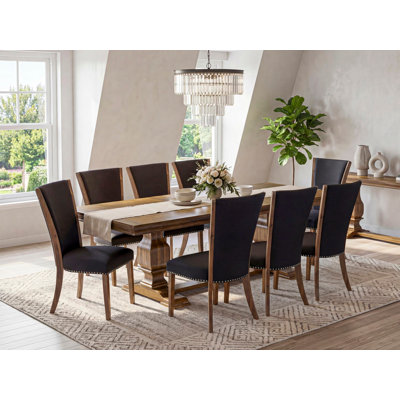 9-piece Dining Table Set includes a Kitchen Table and 8 Black Linen Fabric Dining Chairs with Button tufted Back - Antique Walnut Finish