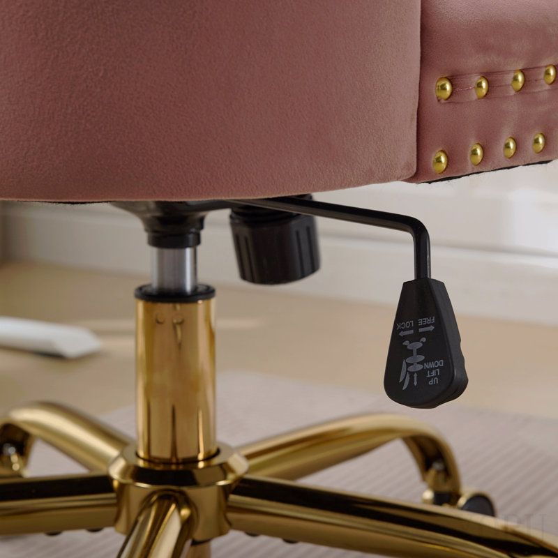 Chaise de bureau, fauteuil de bureau moderne capitonné en velours capitonné avec base en métal doré, chaise de bureau pivotante réglable (rose)
