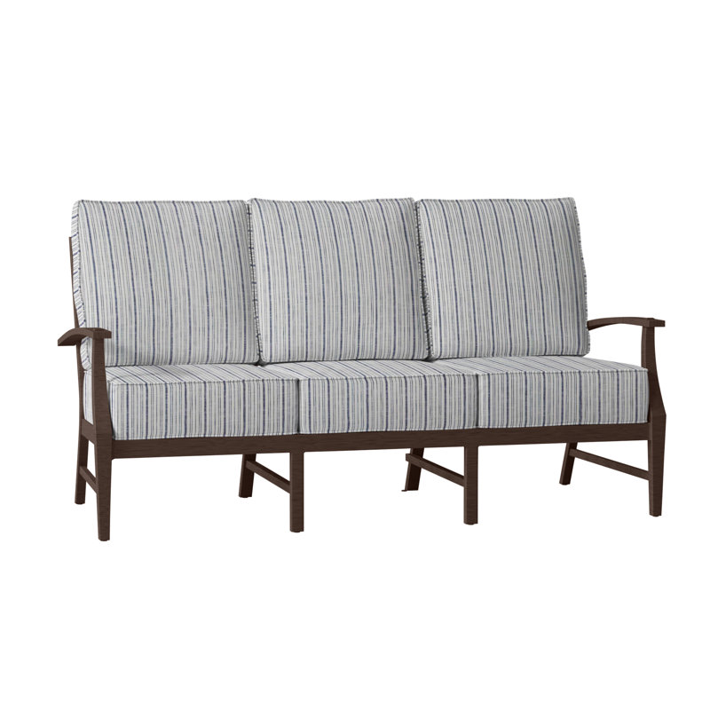 Croquet 76" Wide Outdoor Patio Sofa with Cushions, Welt, Cabana Stripe Midnight, Mahogany