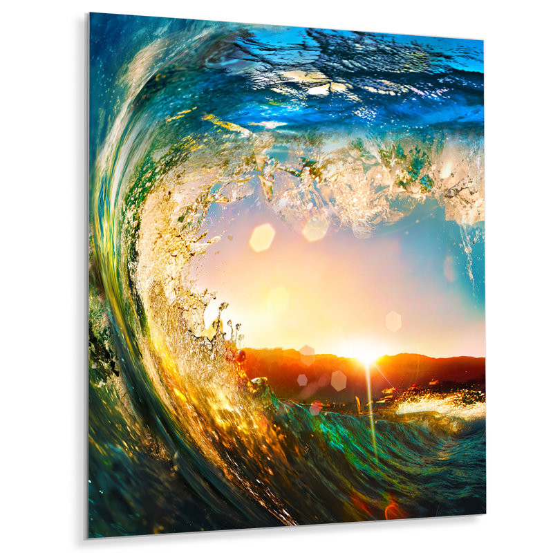 Colored Ocean Waves Falling Down - Modern Seashore Glossy Metal Wall Art, 44" H x 34" W x 1" D, Metal