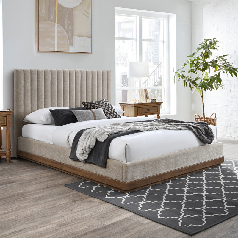 Emmet Chenille Fabric Bed, Beige Chenille Fabric / Brown Walnut, King