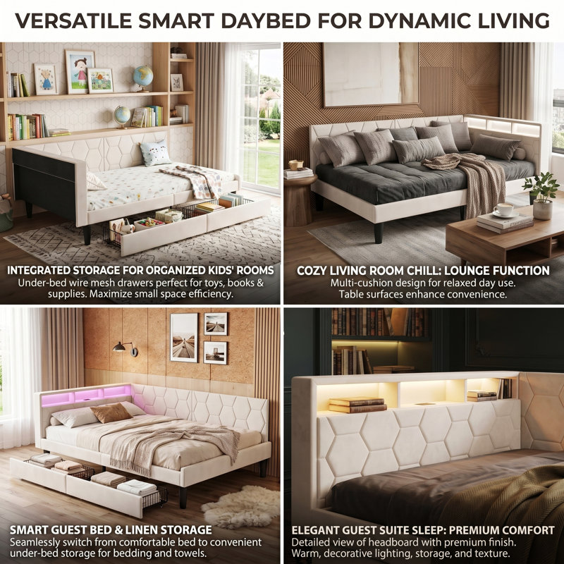 EU Single & Double Velvet Smart Daybed with 2 Storage Drawers, Upholstered Sofa Bed Frame with USB & Type-C Charging Station, LED Lights, Beige & Grey, 90/140x200cm