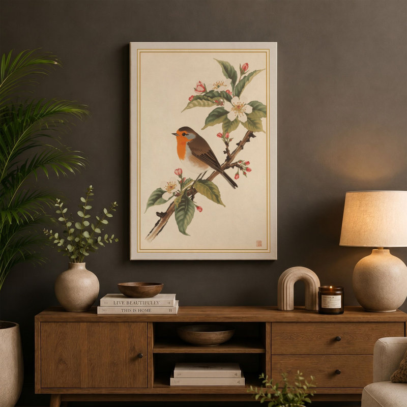 Robin on Blossom Botanical - Wrapped Canvas, 30x20 - 76.2 x 50.8 cm, Taupe Border