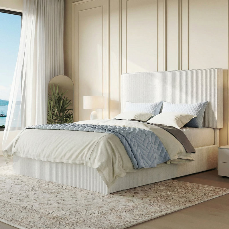 Modern Corduroy Fully Upholstered Platform Bed With Headboard, No-Dust Design, No Box Spring Needed, Full, White