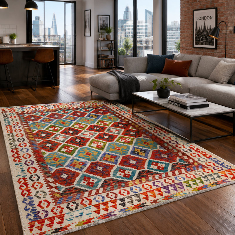 Geometric Cotton and Chenille Flatweave Area Rug, 200 cm round