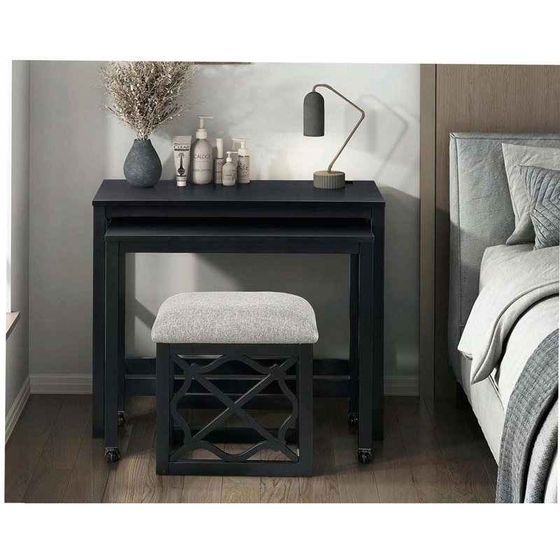 Ensemble de bureau et tabouret avec bureau à roulettes et roulettes à finition noire 3 pièces, Noir