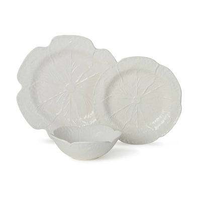 Le Jardin White Cabbage 12-Piece Dinnerware Set – Ivory Stoneware Plates & Bowls with Sculpted Garden Leaf Design – Heirloom-Inspired Tableware for Everyday & Seasonal Dining and Entertaining