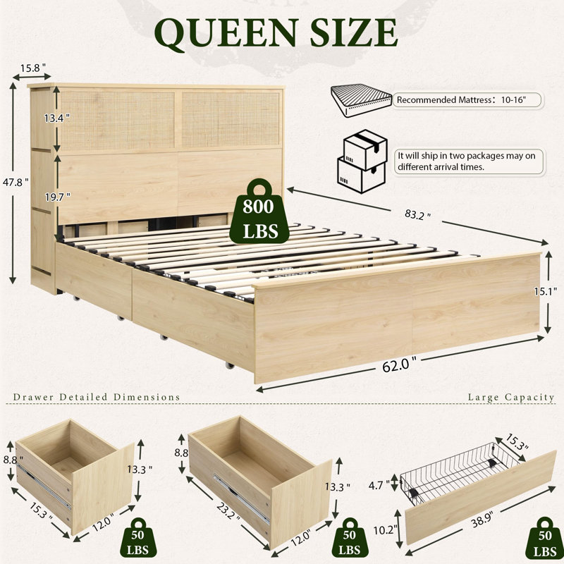 Boho Natural Rattan 10-drawer Storage Bed
