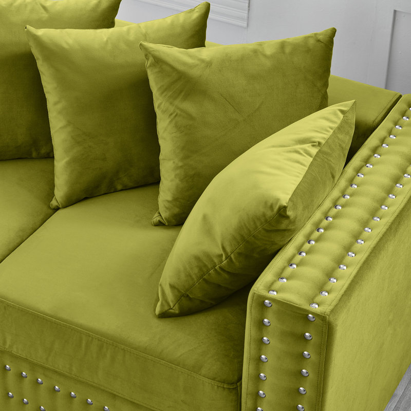 3 sièges, velours, design contemporain, carré, décoration clous argentés, ressorts ensachés, housses de coussin amovibles, structure en bois massif, siège de rangement de style moderne avec accoudoirs et clous,