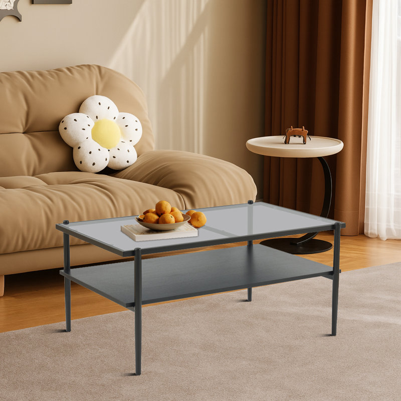 Table basse moderne en bois recyclé avec plateau en verre et tablette en bois, structure en métal, Noir/gris
