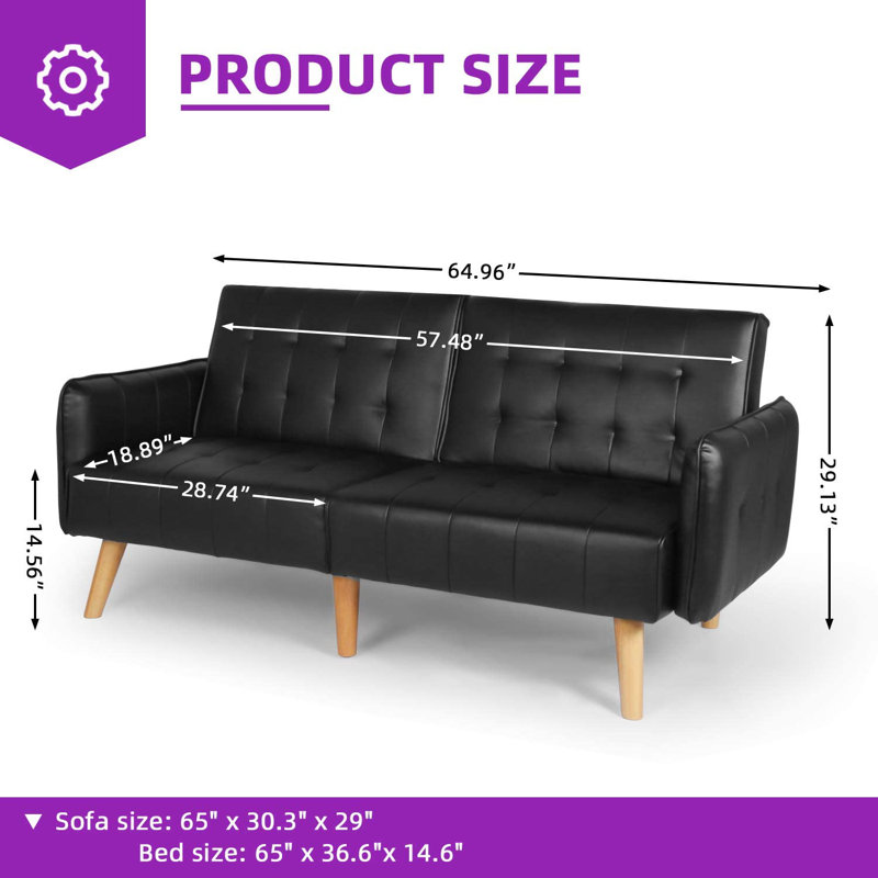 Demeo 65" Vegan Leather Convertible Sofa, Black