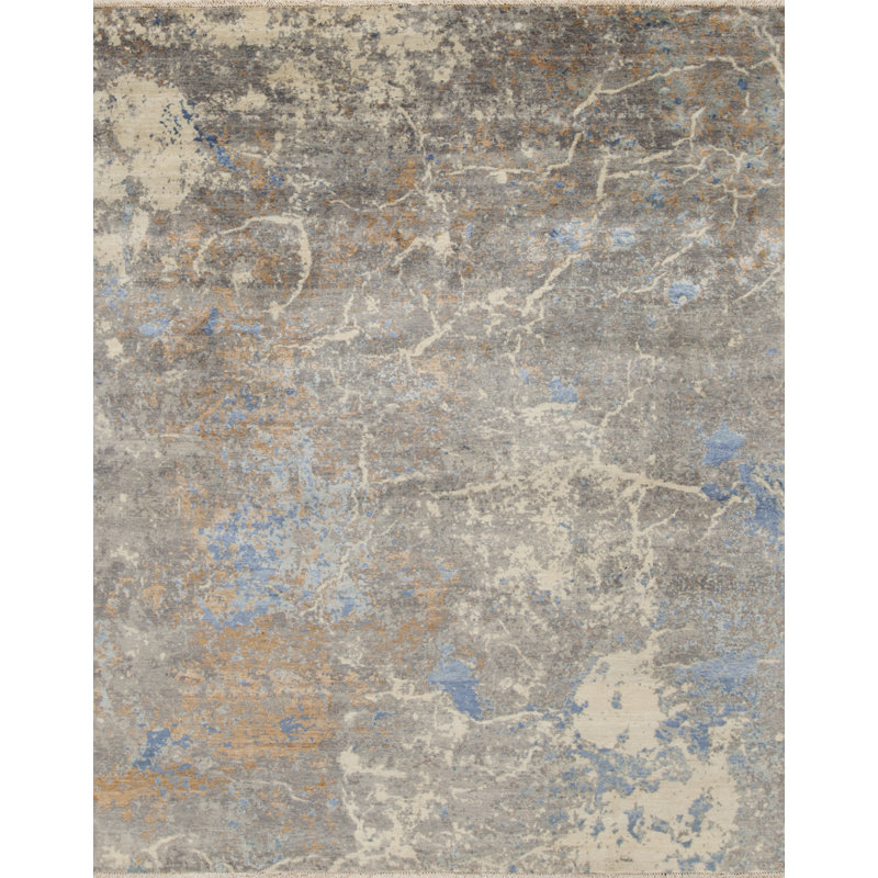 Tapis beige / gris / brun en soie / laine à motif abstrait abstrait Artist Artist, Rectangle de 10 pi x 14 pi