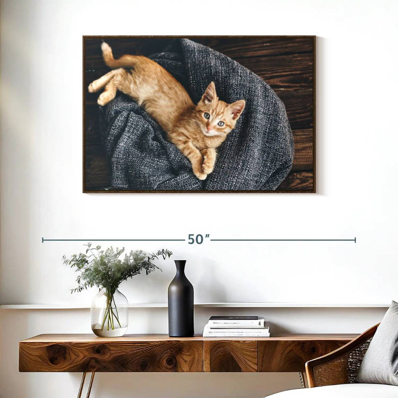 Chat au repos, 37 po x 25 po, Cadre flottant noyer