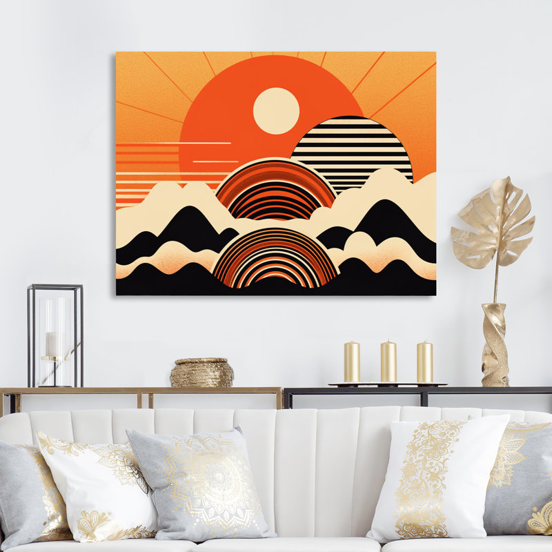 Soleil orange assis sur un sommet de montagne V sur toile, H 12 po x l 20 po x P 1 po, Toile tendue