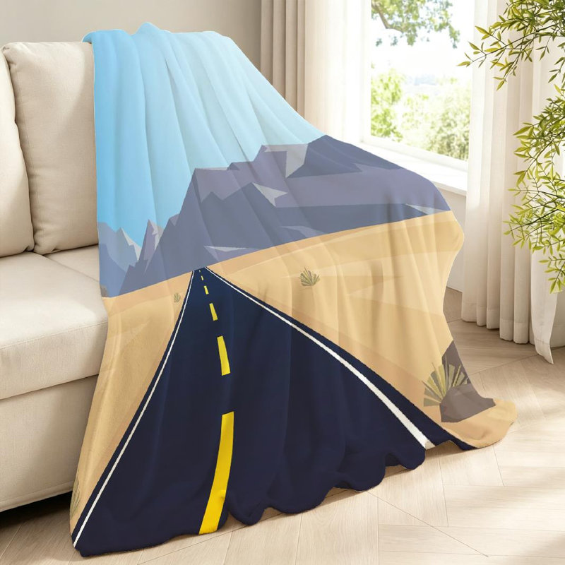 Jeté en flanelle bleue ultra douce, imprimé désert sur route et montagnes, Throw 40" x 50"