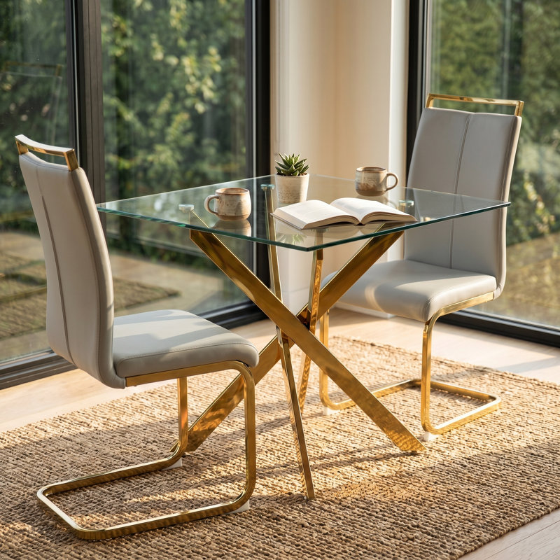 Horowitz 3-5-Piece Modern Square Tempered Glass Dining Set with Metal Cross Legs and Faux Leather Chairs, Gold