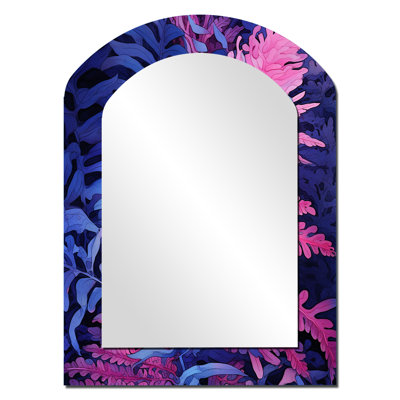 Fond de fougère rose bleu - miroir asymétrique floral unique, grand miroir mural arche rose, impression d'art en métal