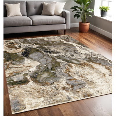 Tapis abstrait vert foncé et beige 5 pi x 8 pi noir
