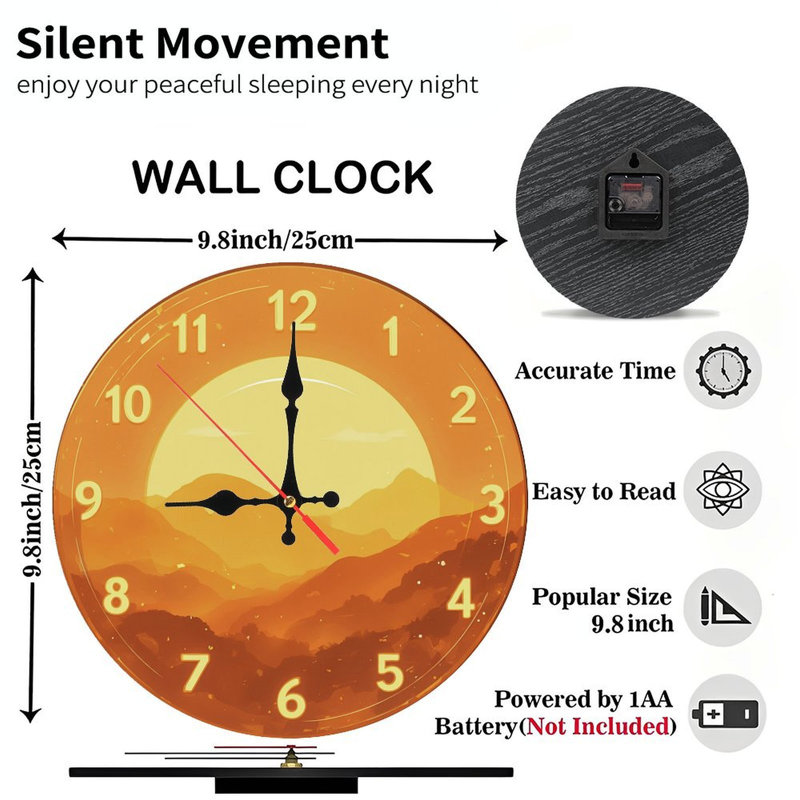Horloge avec coucher de soleil en montagne