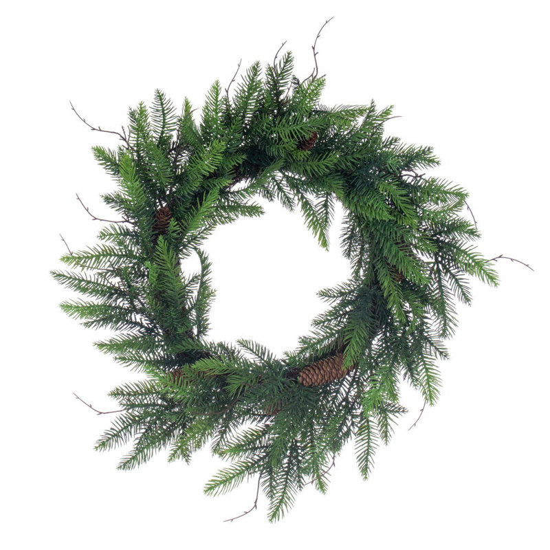 24" Green Green Cedar Pinecone Wreath. Features a grapevine base.