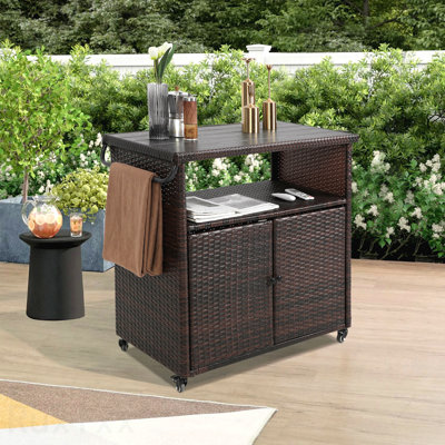 Outdoor Wicker Bar Cart, Patio Wine Serving Cart W/Wheels , Rolling Rattan Beverage Bar Counter Table Plastic Wood Top For Porch Backyard Garden Poolside Party, Light Brown