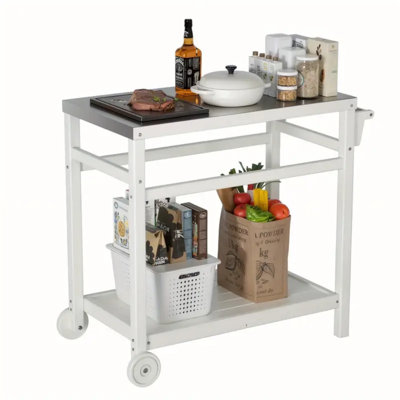 Stainless Steel 2-Tier Heavy-Duty Removable Grill Cart With 4-Wheel Mobility & Lower Storage Shelf - Large Outdoor BBQ Station For Home, Camping, Backyard Parties, Bars - Easy Assembly, Rust-Resistant, 34"X19.7" Tabletop, Camping Grill Station, Sleek Des