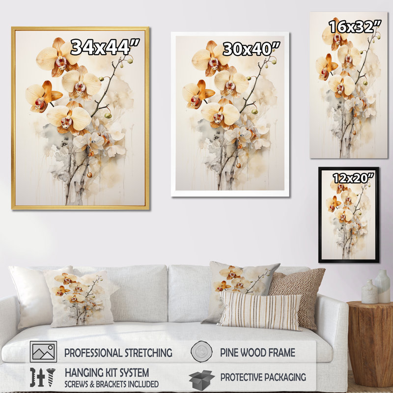 Orchidée beige et or qui fleurit, Toile tendue, H 44 po x l 34 po x P 1,5 po