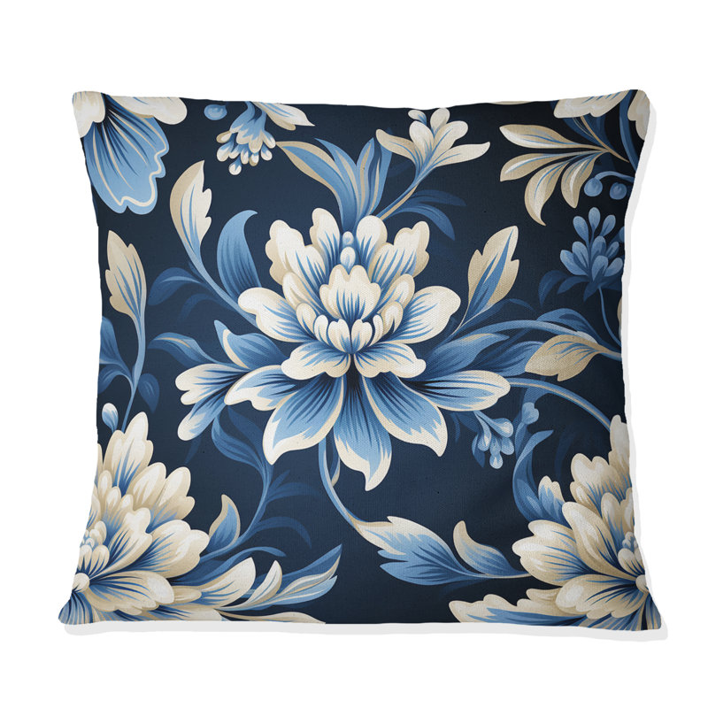Coussin décoratif en polyester damassé blanc et bleu, H 18 po x l 18 po
