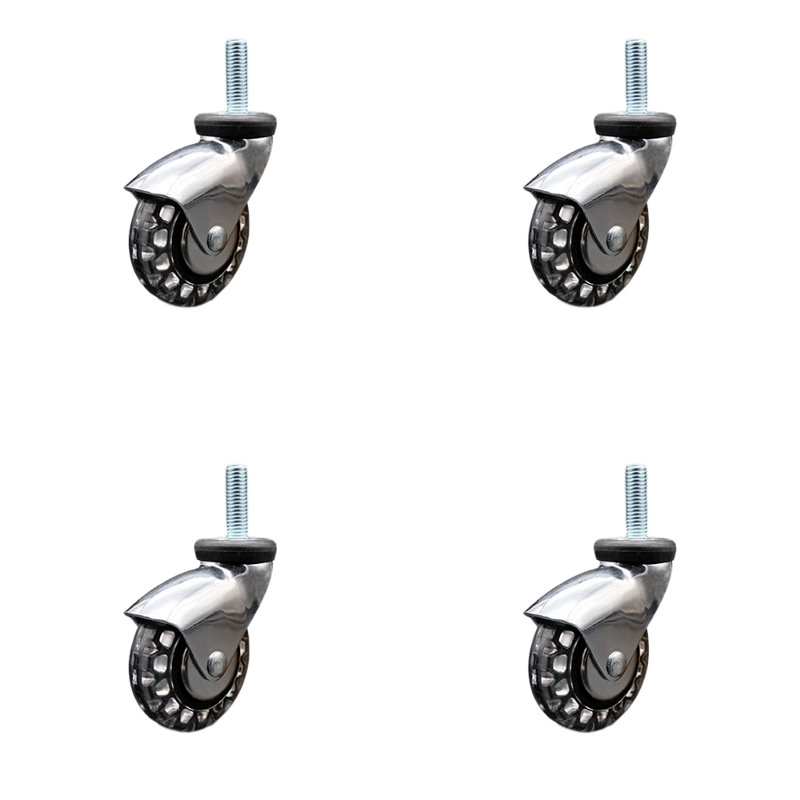 3 Inch Bright Chrome Hooded Polyurethane 3/8 Inch Threaded Stem Casters Set 4