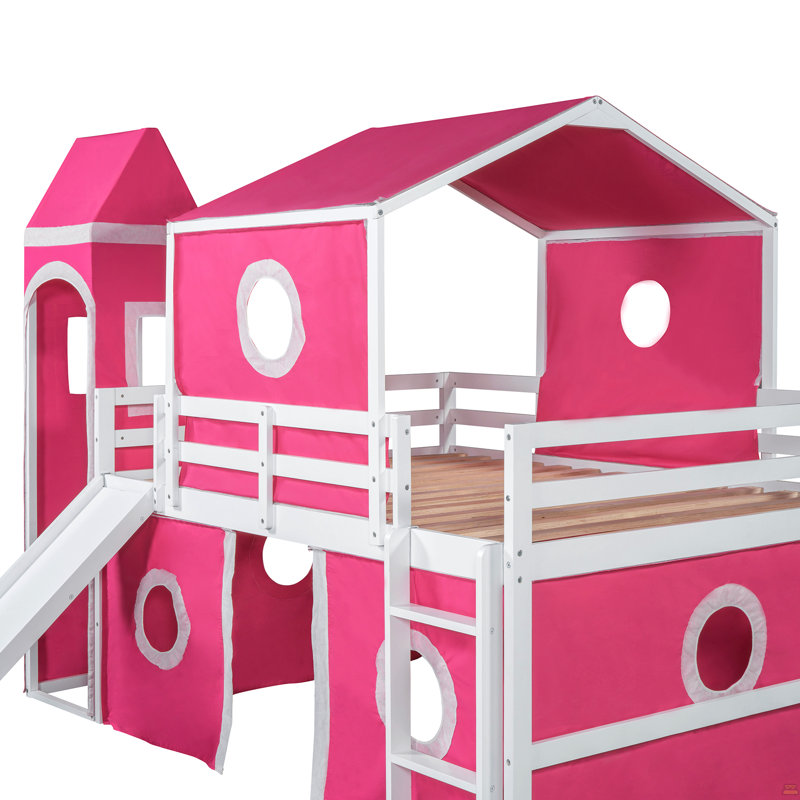 Lit mezzanine double avec tente et tour rose Slide